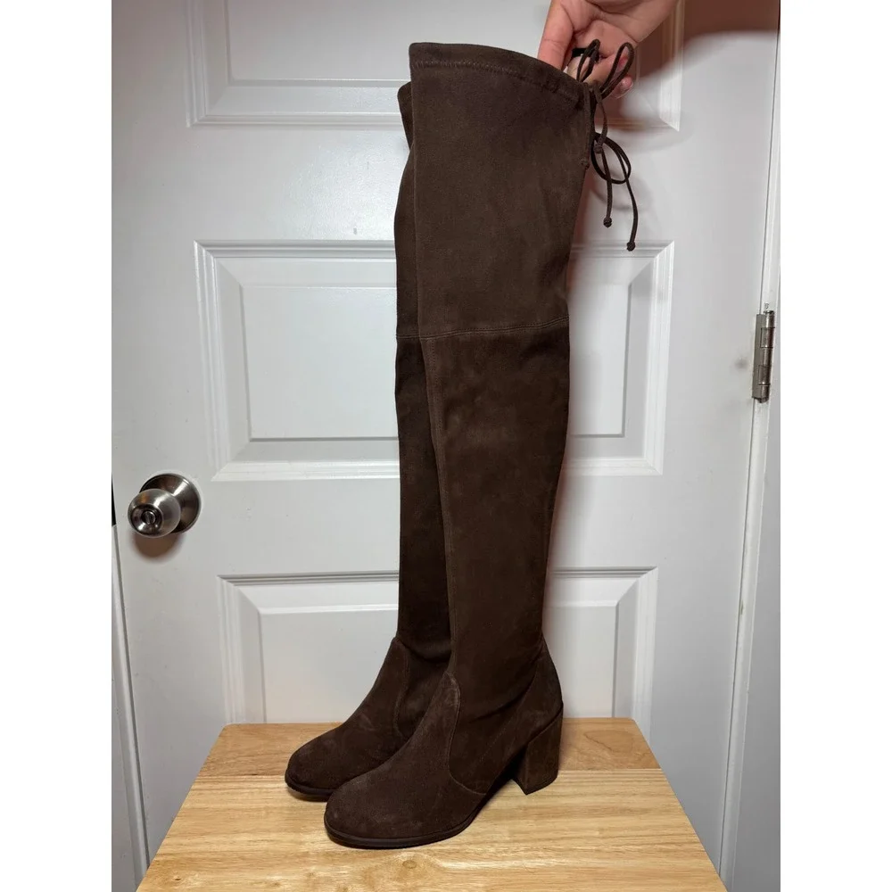 Stuart Weitzman Tieland Brown Stretch Suede Over The Knee Block Heel Boots